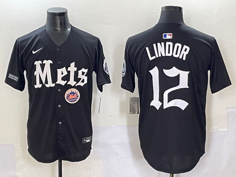 Men 2025 New York Mets 12 Lindor Black Five generations Joint Name Nike MLB Jersey style 15